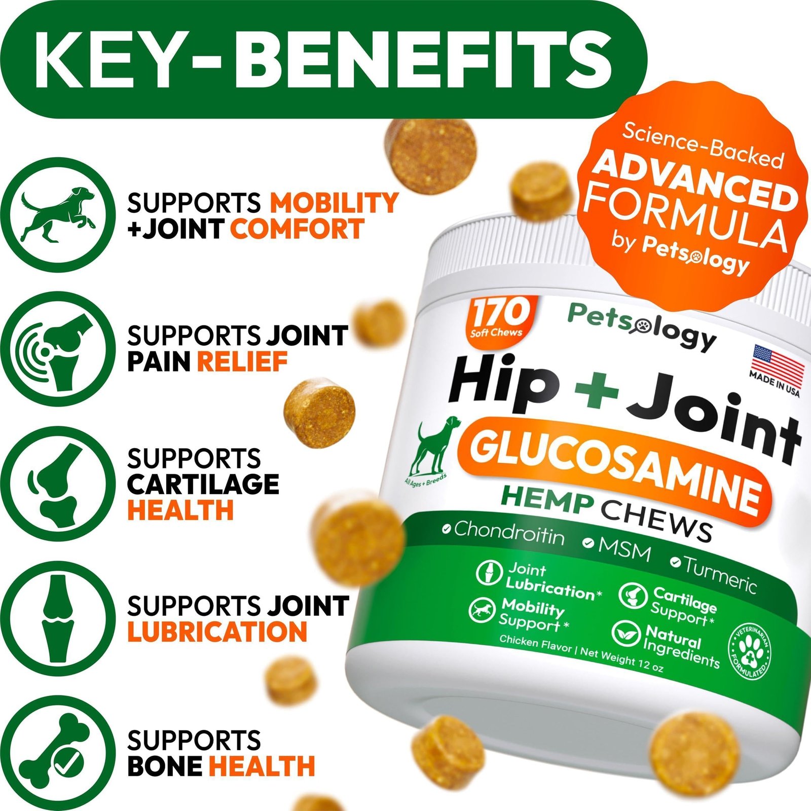 Hemp Hip and Joint Supplement for Dogs Glucosamine for Dogs 170 Mobility Support Chews Advanced Joint Pain Relief Treats with Chondroitin MSM Turmeric Large & Small Breeds Made in USA - Image 2