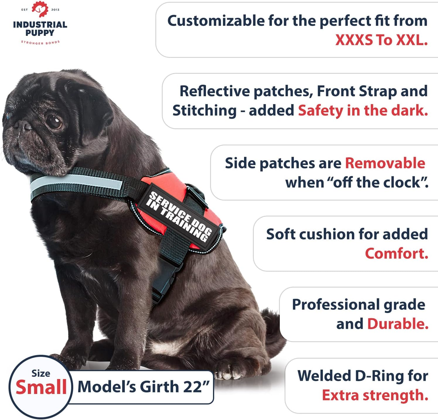 Service Dog in Training Vest Harness - Durable & Adjustable Dog Vest with Reflective Straps, Removable Patches, Handle & D-Ring, Travel and Daily Use, Small 19.5"-25", Bright Red - Image 5