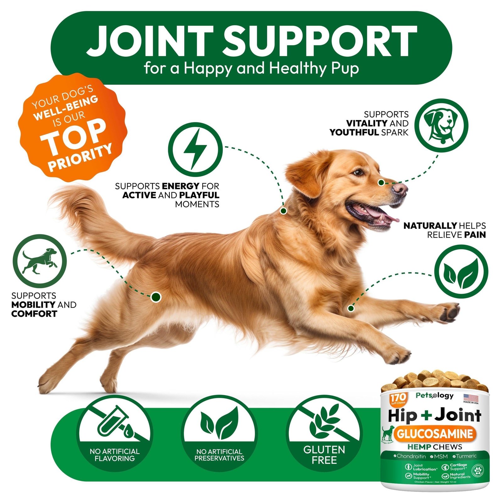 Hemp Hip and Joint Supplement for Dogs Glucosamine for Dogs 170 Mobility Support Chews Advanced Joint Pain Relief Treats with Chondroitin MSM Turmeric Large & Small Breeds Made in USA - Image 4