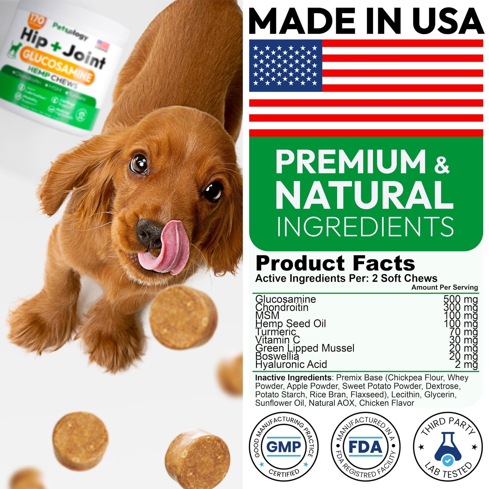 Hemp Hip and Joint Supplement for Dogs Glucosamine for Dogs 170 Mobility Support Chews Advanced Joint Pain Relief Treats with Chondroitin MSM Turmeric Large & Small Breeds Made in USA - Image 6