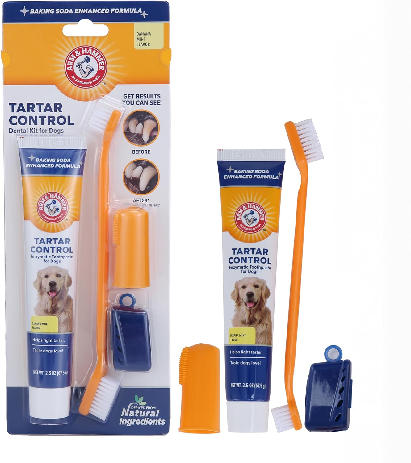 for Pets Tartar Control Dog Dental Care Kit, Banana Mint Flavor Toothpaste with Baking Soda, Double-Sided Toothbrush and Finger Brush Included, 2.5 Oz, 3-Piece