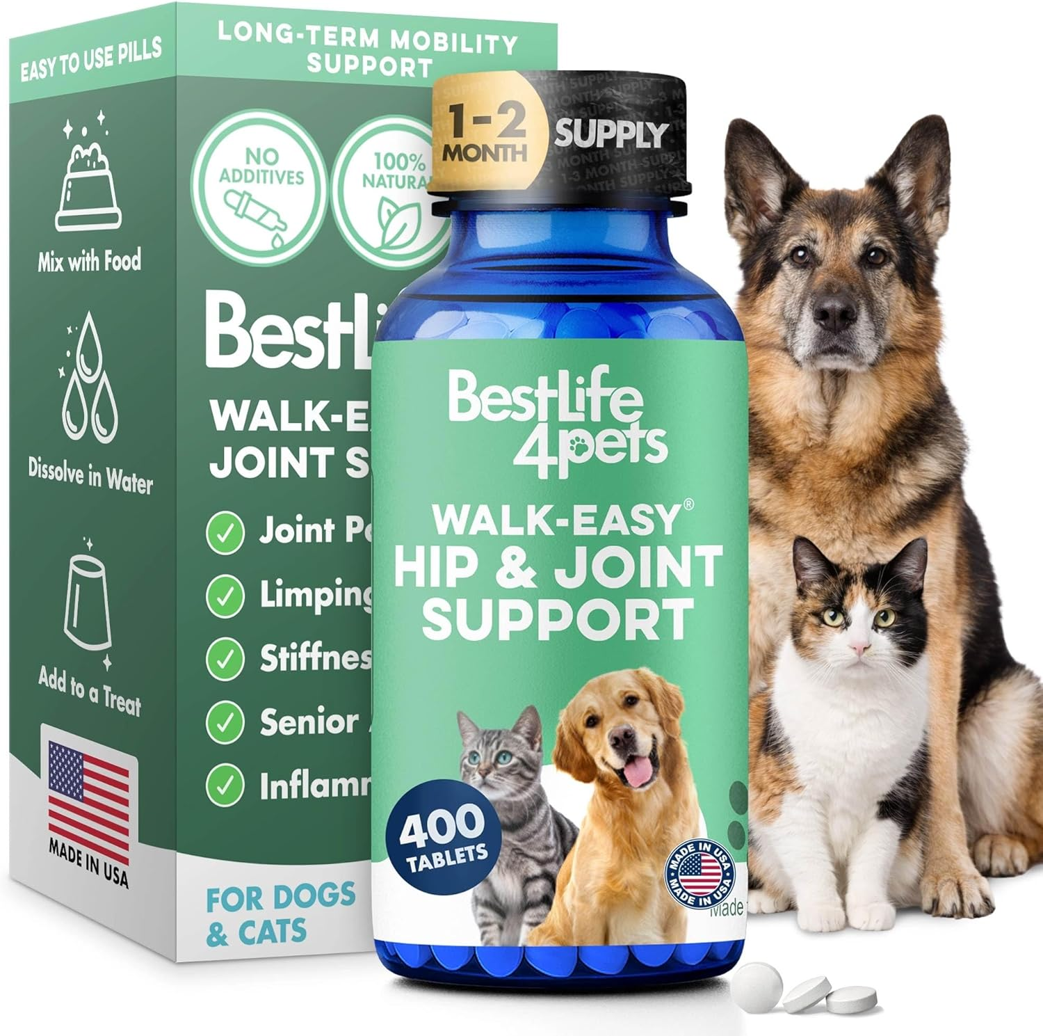 Walk-Easy Cat & Dog Pain Relief & Mobility Aid – Natural Hip & Joint Support for Injured or Senior Pets – Gentle Pain Reliever for Limping and ACL Tears – 400 Tiny Pills