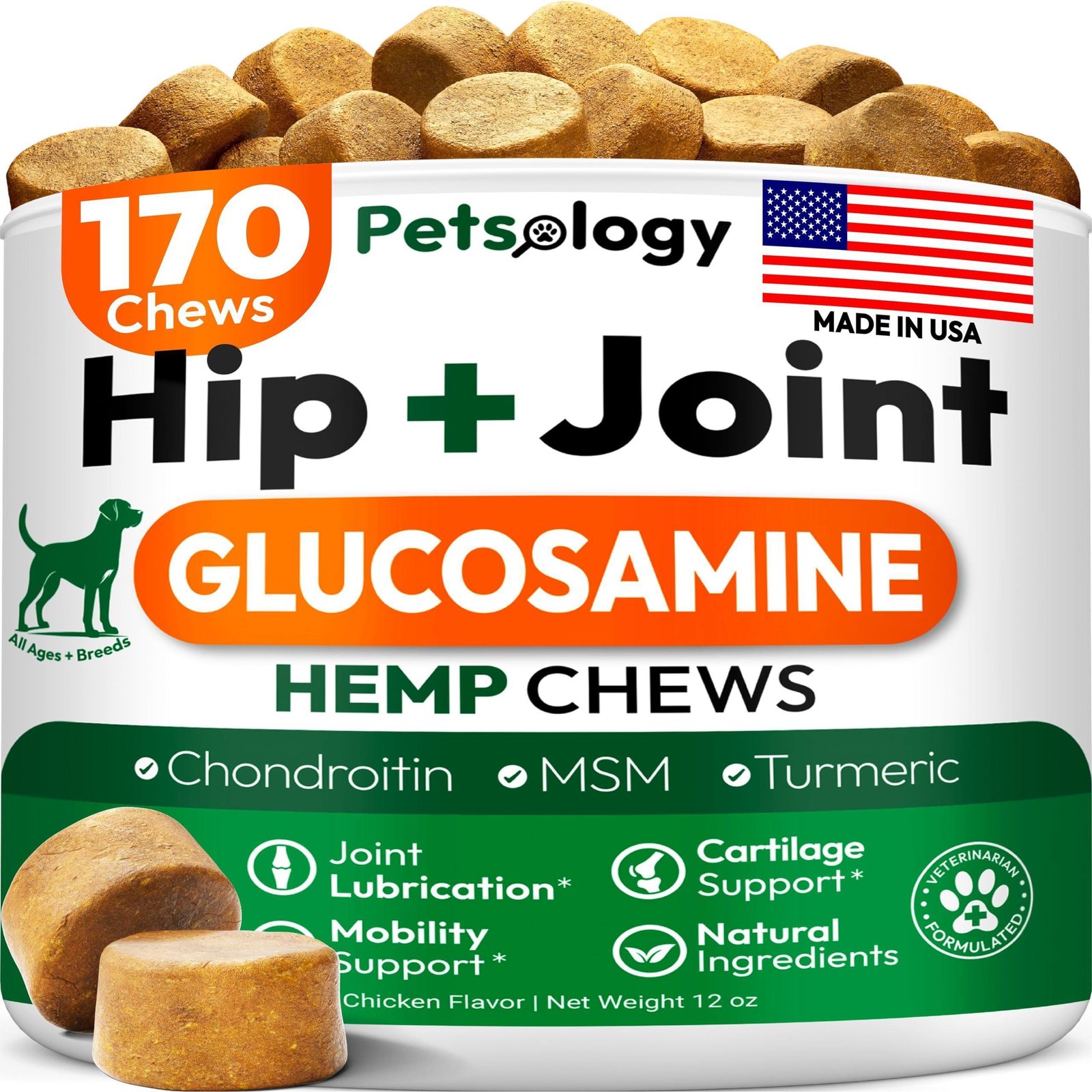 Hemp Hip and Joint Supplement for Dogs Glucosamine for Dogs 170 Mobility Support Chews Advanced Joint Pain Relief Treats with Chondroitin MSM Turmeric Large & Small Breeds Made in USA